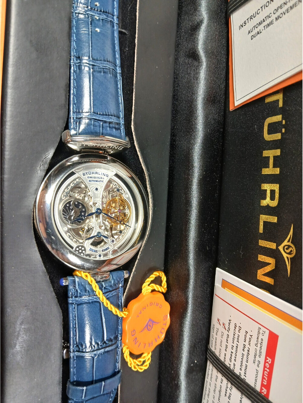 Stuhrling Original Men's Emperor Grandeur Automatic Silver Skeleton Watch NIB